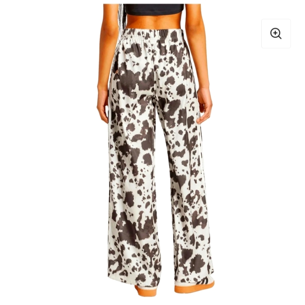 adidas Women's Wide-Leg Track Pants in White with Brown Cow Print - Picture 2 of 3